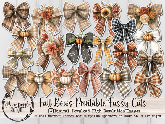 Fall Bows Fussy Cut Ephemera Pages - 27 High Quality Printable Digital Download - Junk Journal Cutouts, Stickers Tags Autumn Cozy, Vintage