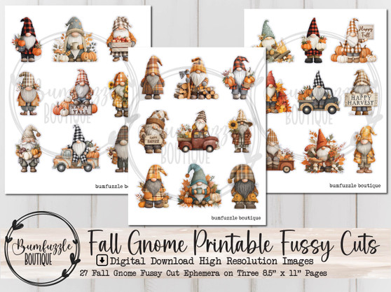 Cute Fall Gnomes Fussy Cut Ephemera Pages - 27 High Quality Printable Digital Download - Junk Journal Supplies, Gnome, Autumn, Harvest, Card