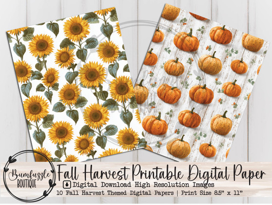Fall Harvest Digital Papers, 10 Seamless Digital Download Printable Pages - Junk Journal Paper, Scrapbooking Craft Supplies Vintage Autumn