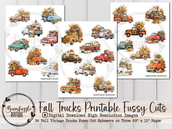 Fall Trucks Fussy Cut Ephemera Pages - 27 High Quality Printable Digital Download - Junk Journal Supplies, Rustic Vintage Ephemera Autumn