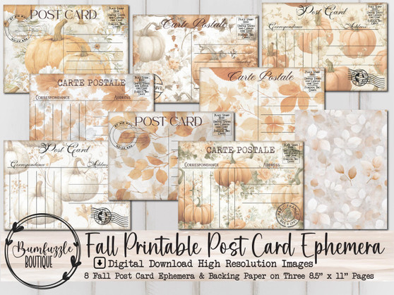 Fall Harvest Post Cards Ephemera Pages - 8 High Quality Printable Digital Download - Junk Journal Supplies, Autumn, ATC, Vintage, PostCard