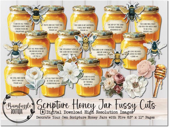 Scripture Verse Honey Jar Fussy Cuts - Printable Digital Download - Junk Journal Supplies, Ephemera, Decorate Your Own Bible Jar, Bees, Tags