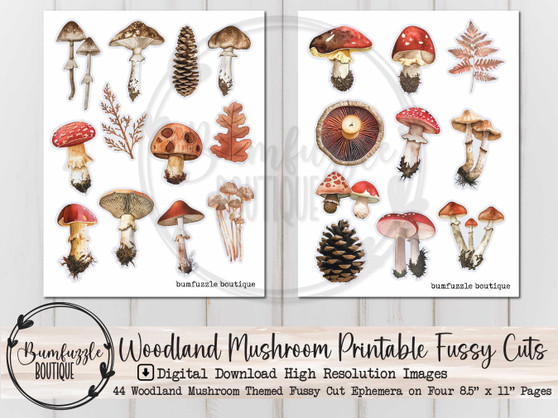 Woodland Mushroom Fussy Cut Ephemera Pages - 44 High Quality Printable Digital Download - Junk Journal Supplies, Cute Fall Ephemera Fussy