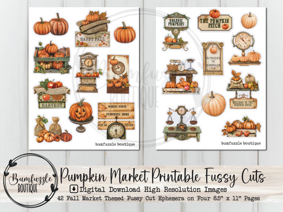 Pumpkin Market Fussy Cut Ephemera Pages - 42 High Quality Printable Digital Download - Junk Journal Supplies, Warm, Fall Autumn, Harvest