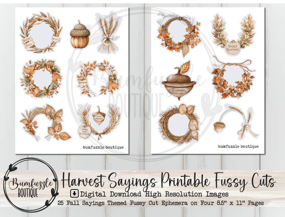 Harvest Fall Sayings Fussy Cut Ephemera Pages - 25 High Quality Printable Digital Download - Junk Journal Cutouts, Stickers Tags Autumn Cozy