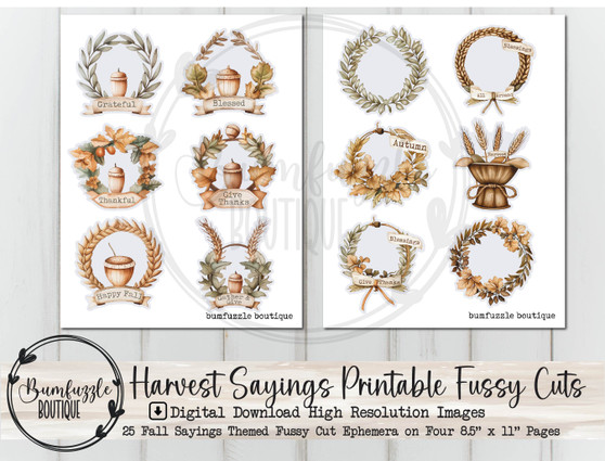 Harvest Fall Sayings Fussy Cut Ephemera Pages - 25 High Quality Printable Digital Download - Junk Journal Cutouts, Stickers Tags Autumn Cozy
