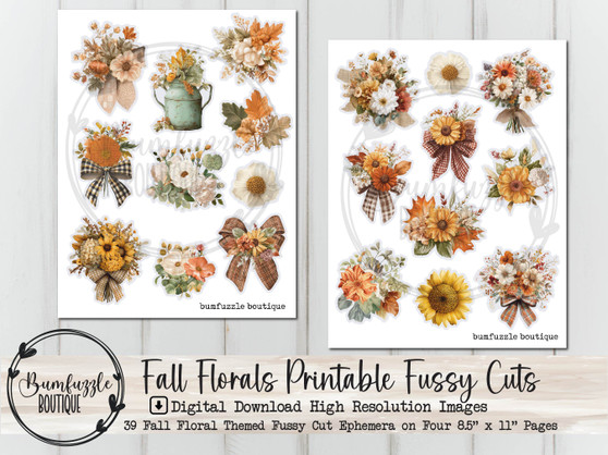 Fall Florals Fussy Cut Ephemera Pages - 39 High Quality Printable Digital Download - Junk Journal Cutouts, Stickers Tags Autumn Cozy Flowers
