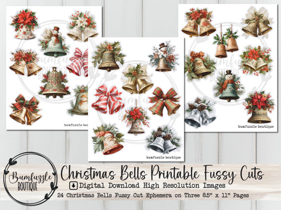 Christmas Bells Fussy Cut Ephemera Pages - 24 High Quality Printable Digital Download - Junk Journal Supplies, Vintage, Fussy Cuts, Gift Tag