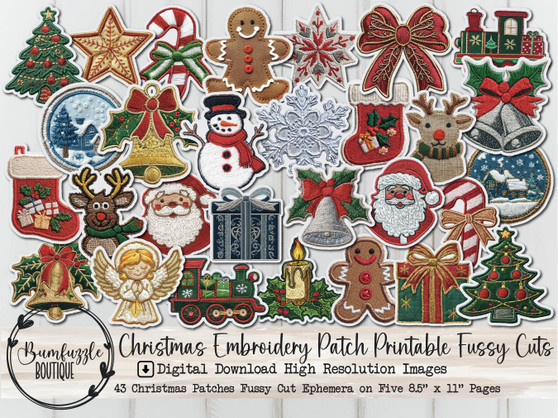 Christmas Embroidery Patch Fussy Cut Ephemera Pages - 43 High Quality Printable Digital Download - Junk Journal Supplies, Xmas, Patches