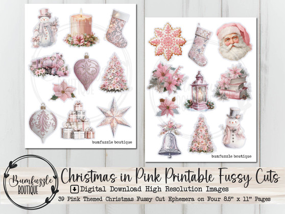 Pink Christmas Fussy Cut Ephemera Pages - 39 High Quality Printable Digital Download - Junk Journal Supplies, Xmas, Shabby Chic, Santa