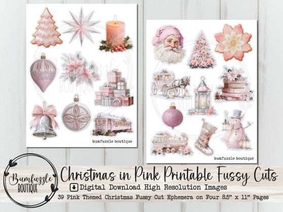 Pink Christmas Fussy Cut Ephemera Pages - 39 High Quality Printable Digital Download - Junk Journal Supplies, Xmas, Shabby Chic, Santa