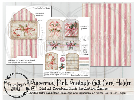 Peppermint Pink Printable Gift Card Holder Ephemera Pages - High Quality Printable Digital Download - Holiday Folio Kit, Cash Holder, Xmas