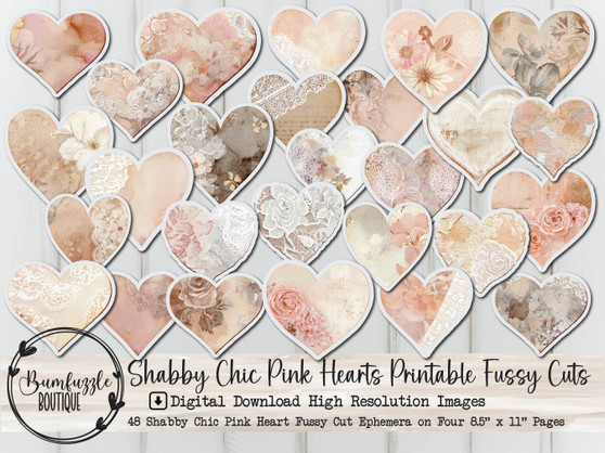 Pink Shabby Chic Hearts Fussy Cuts – Printable Junk Journal Ephemera (Digital Download) 49 High Quality Printable - Junk Journal Supplies, Scrapbooking, Vintage Rose, Florals, Valentines Day Ephemera
