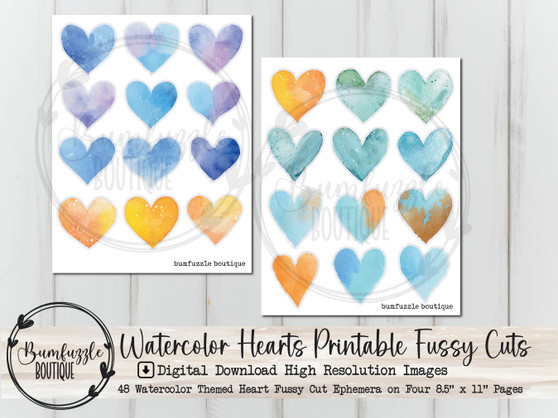 Multi-Color Watercolor Hearts Fussy Cuts – Printable Junk Journal Scrapbook Ephemera (Digital Download)