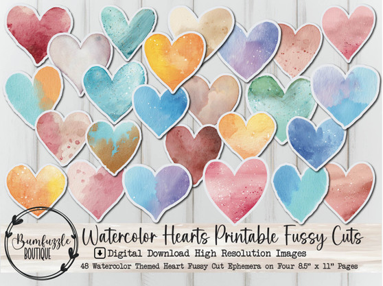 Multi-Color Watercolor Hearts Fussy Cuts – Printable Junk Journal Scrapbook Ephemera (Digital Download)