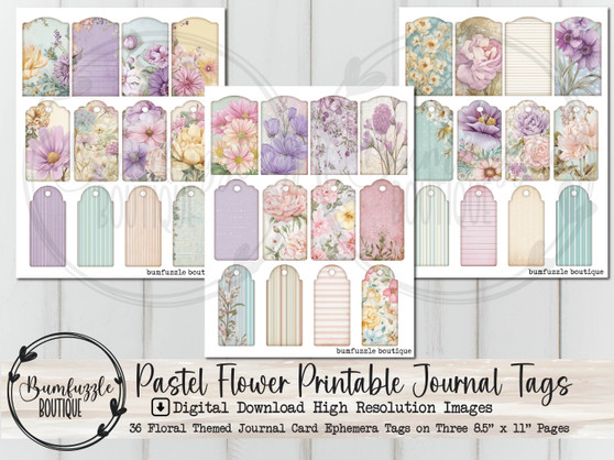 Vintage Pastel Floral Tags – Printable Shabby Chic Flower Junk Journal Label Ephemera (Digital Download)
