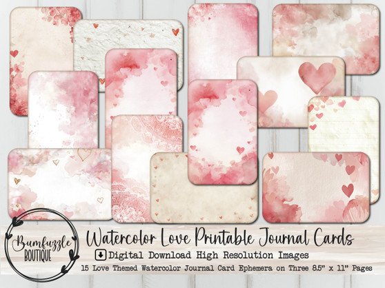 Watercolor Love Heart Journal Cards - Vintage Ephemera, Valentines Day Junk Journal Scrapbook (Digital Download)