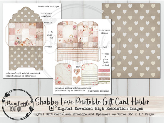 Shabby Chic Love Gift Card Holder – Printable Birthday Valentine's Day Junk Journal Ephemera (Digital Download)