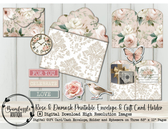 Rose Damask Gift Card Holder – Printable Love Envelope, Tags, Notecard Junk Journal Ephemera (Digital Download)