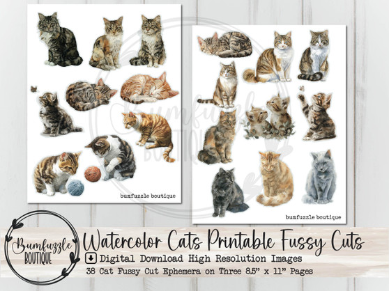 Watercolor Cats Fussy Cuts – Printable Junk Journal Kitty Scrapbook Ephemera (Digital Download)