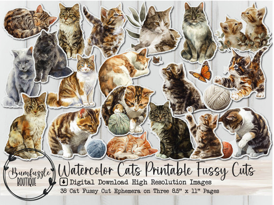 Watercolor Cats Fussy Cuts – Printable Junk Journal Kitty Scrapbook Ephemera (Digital Download)