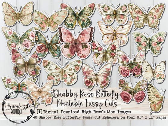 Shabby Rose Butterfly Fussy Cuts - Vintage Printable Junk Journal Scrapbook Ephemera (Digital Download)