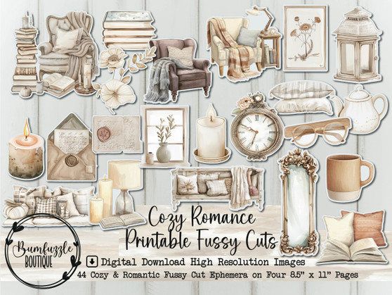 Cozy Romantic Fussy Cuts - Comfy Vintage Printable Junk Journal Scrapbook Ephemera (Digital Download)