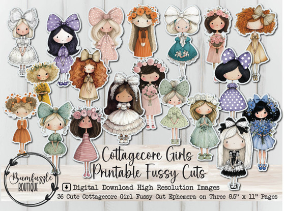 Whimsical Cottagecore Girl Fussy Cuts – Printable Junk Journal Ephemera (Digital Download)