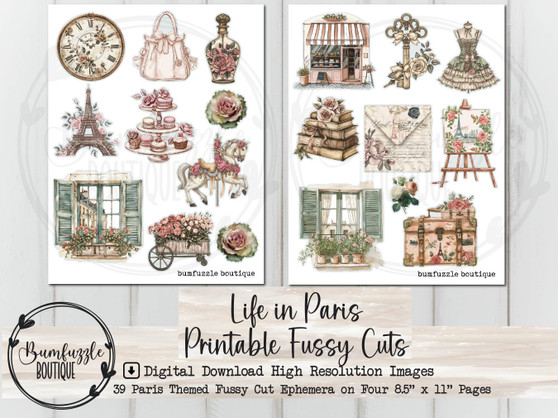 Vintage Life in Paris Shabby Chic Fussy Cuts – Printable Junk Journal Ephemera (Digital Download)