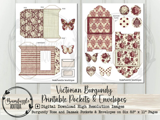 Victorian Burgundy Pockets, Envelopes, and Tags - Vintage Ephemera, Rose Damask Junk Journal Scrapbook (Digital Download)