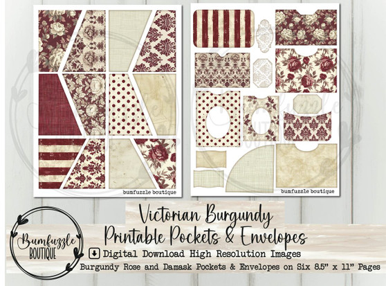 Victorian Burgundy Pockets, Envelopes, and Tags - Vintage Ephemera, Rose Damask Junk Journal Scrapbook (Digital Download)