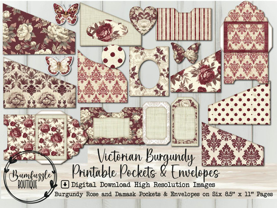 Victorian Burgundy Pockets, Envelopes, and Tags - Vintage Ephemera, Rose Damask Junk Journal Scrapbook (Digital Download)