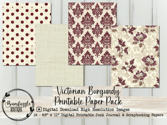 Victorian Burgundy Digital Paper Pack, Damask Roses 16 Junk Journal Scrapbook Supplies (Digital Download)