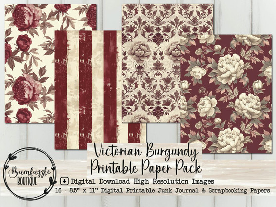 Victorian Burgundy Digital Paper Pack, Damask Roses 16 Junk Journal Scrapbook Supplies (Digital Download)