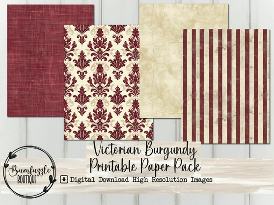 Victorian Burgundy Digital Paper Pack, Damask Roses 16 Junk Journal Scrapbook Supplies (Digital Download)