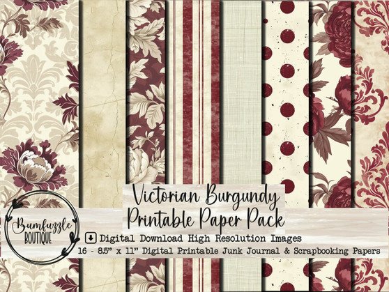 Victorian Burgundy Digital Paper Pack, Damask Roses 16 Junk Journal Scrapbook Supplies (Digital Download)