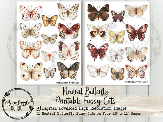 Neutral Butterfly Fussy Cuts - Vintage Printable Junk Journal Ephemera (Digital Download)