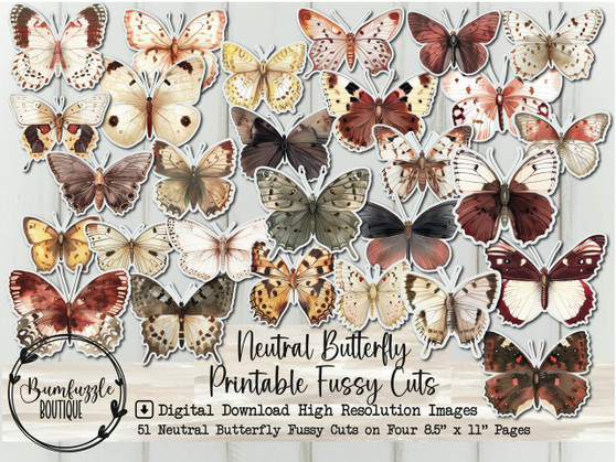 Neutral Butterfly Fussy Cuts - Vintage Printable Junk Journal Ephemera (Digital Download)
