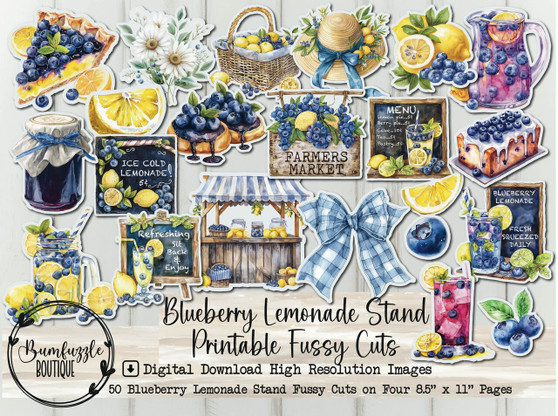Blueberry Lemonade Stand Fussy Cuts – Summer Printable Junk Journal Ephemera (Digital Download)