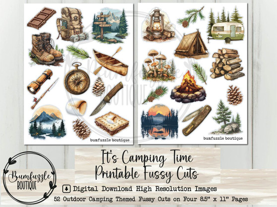 Vintage Camping Fussy Cuts – Printable Travel Outdoors Camper Junk Journal Ephemera (Digital Download)