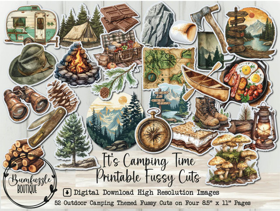 Vintage Camping Fussy Cuts – Printable Travel Outdoors Camper Junk Journal Ephemera (Digital Download)