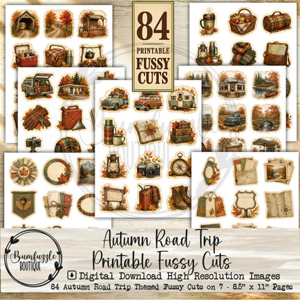 Autumn Road Trip Fussy Cuts – Vintage Printable Adventure Travel Junk Journal Ephemera (Digital Download)