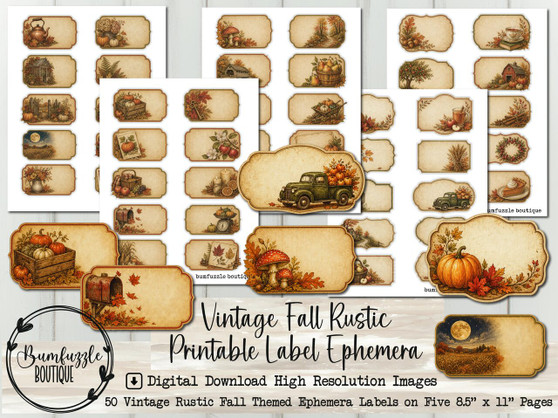 Vintage Autumn Fall Rustic Label Ephemera – Printable Junk Journal Fussy Cuts (Digital Download)