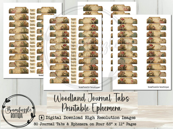 Woodland Mushroom & Fern Journal Tabs – Vintage Printable Junk Journal Ephemera (Digital Download)