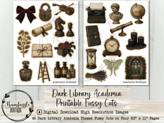 Dark Library Academia Fussy Cuts – Printable Junk Journal Ephemera (Digital Download)