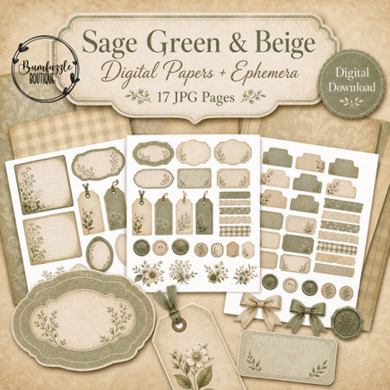 Sage Green and Beige Junk Journal Kit – Printable Digital Papers and Ephemera