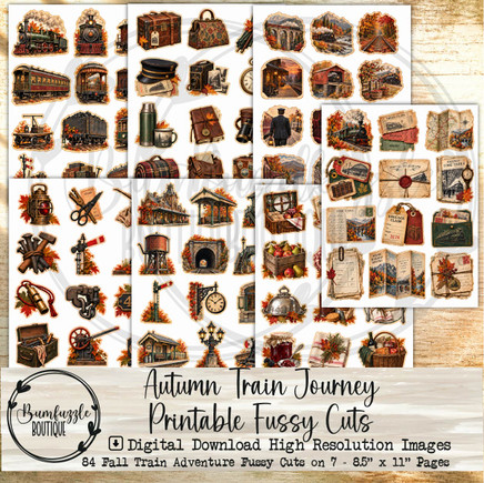 Autumn Train Journey Printable Fussy Cuts – 84 Fall Train Adventure Images (Digital Download)