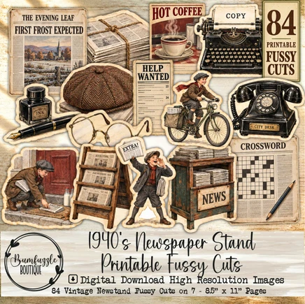 1940s Autumn Newspaper Stand Printable Fussy Cuts – 84 Vintage Newsstand Images (Digital Download)