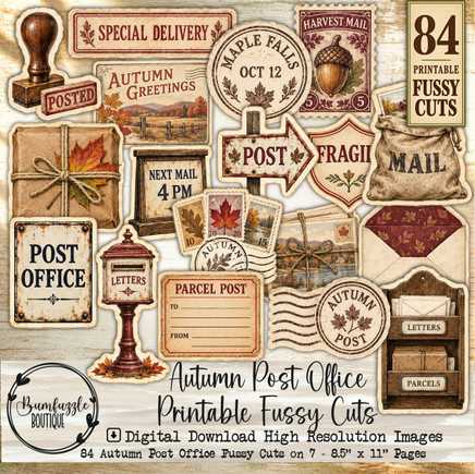 Autumn Post Office Printable Fussy Cuts – 84 Vintage Fall Mail Images (Digital Download)