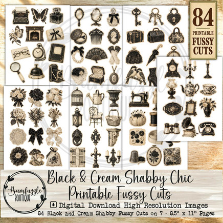 Black & Creme Shabby Chic Printable Fussy Cuts – 84 Vintage Images (Digital Download)